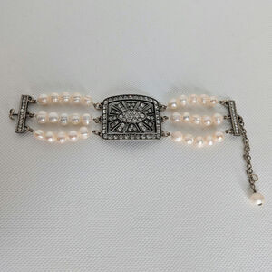 HALEY HILL SILVERTONE PEARL & RHINESTONE 3 STRAND BRACELET 1 1/2 X 7-9"